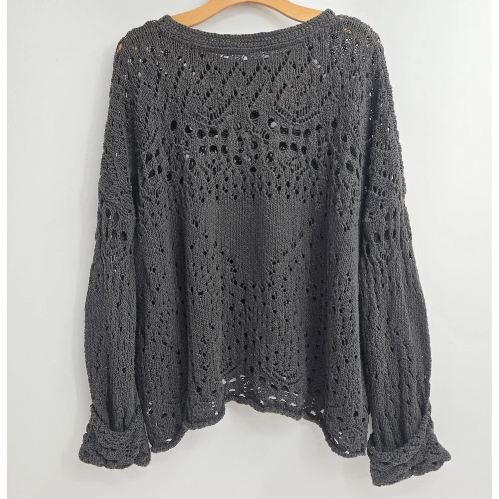 Free People Sweater Size Small Traveling Slate Gray Cotton Open Knit Crochet - Picture 8 of 15